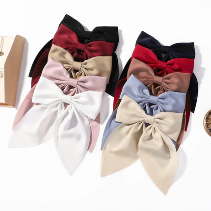 Elegant Bow Ribbon Hair Clip Fashion Simple Solid Satin Spring Clip Hair Pin Retro Headband with Clips Girls Hair Accessories