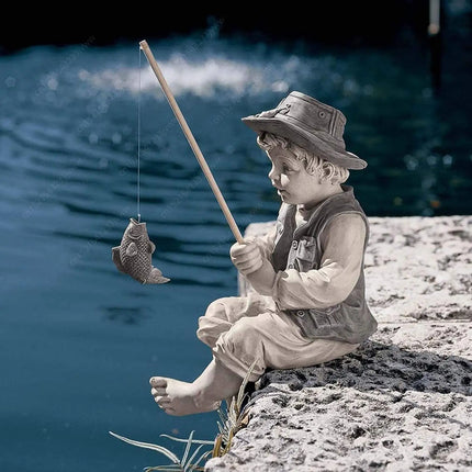 Garden Statue Gone Fishing Boy Yard Ornaments Resin Fisherman Funny Lawn Sculpture Home Decoration Support Dropshipping