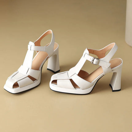 Aucegi Summer 2024 Square Toe Genuine Leather Sandals Dress Women’s Chunky High Heels Buckle Strap Tooling Style Shoes Beige