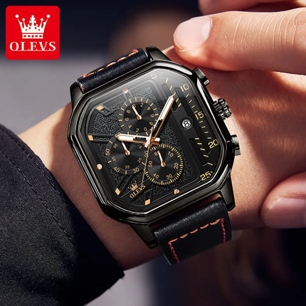 OLEVS New Quartz Watch for Men Chronograph Clock Waterproof Luminous Leather Strap Men's Wristwatch 42mm Dial Man Dress Watches