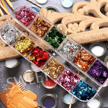 12Grids Holographic Gold Foils Nail Flakes Splendor Leaf Craft Irregular Aluminum Paillette DIY Polish Decoration Glitter LYS45