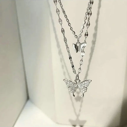 Women Shiny Butterfly Necklace Fashion Double Layer Pendant Cross Choker Neck Chain Light Luxury Clavicle Chain Party Jewelry