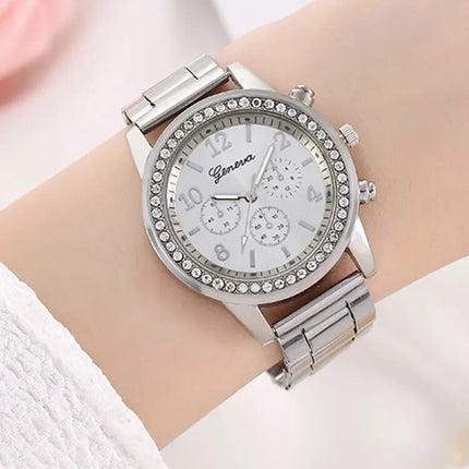 6 Pieces of Fashionable and Versatile Diamond Inlaid Rhinestone WOMEN'S Quartz Steel Band Watch+necklace+earrings+ring+bracelet