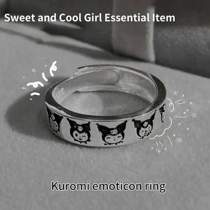 1PC Anime Sanrio Figure Opening Adjustable Ring Hello Kitty Kuromi Kawaii Cartoon Couple Ring Metal Jewelry Collectible Toy Gift