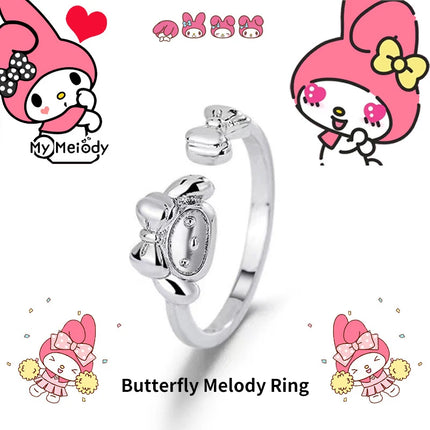 1PC Anime Sanrio Figure Opening Adjustable Ring Hello Kitty Kuromi Kawaii Cartoon Couple Ring Metal Jewelry Collectible Toy Gift