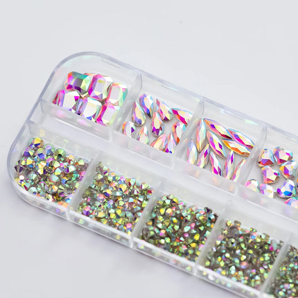 Hot Selling 12 Grids Nail Art Rhinestones Jewelry Set Multi-shapes Colorful Flatback Nail Charms Diamonds 3D Nails Accessories