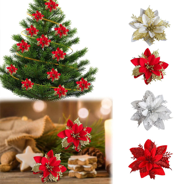 Glitter Artificial Christmas Flowers Xmas Tree Ornaments Merry Christmas Decorations for Home New Year Gift Christmas Decor 2023