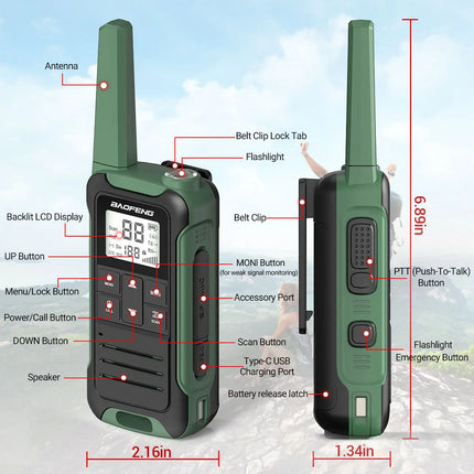 2pcs Baofeng F22 Mini Walkie Talkie PMR FRS Long Range Rechargable Portable Kids Two Way Radio Type-C Charger for Camping Trip