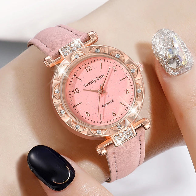 5PCS/Set  Pink Romantic Heart Quartz Watch Shiny Rhinestone Analog PU Leather Wrist Watch & Jewelry Set, Gift For Women Her