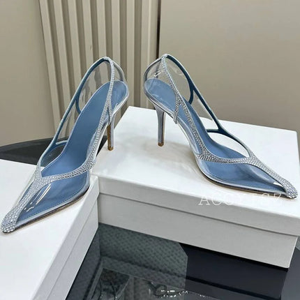 Summer crystal decoration PVC transparent solid color high-heeled women's pointed toe sexy party fashion dress shoes 2024