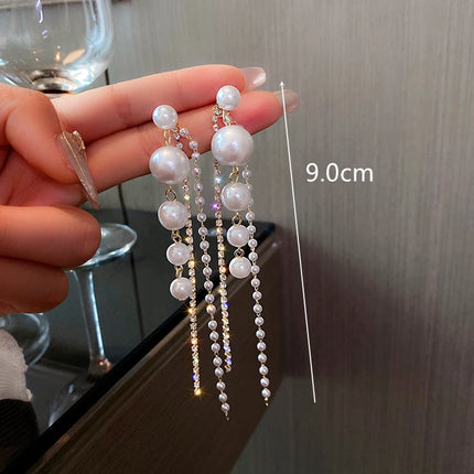 Korean Multiple Imitation Pearl Tassel Long Pendant Earrings for Women Personalized Simple Temperament Ear Jewelry Gift