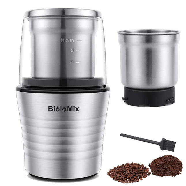 BioloMix 2-in-1 Wet and Dry Double Cups 300W Electric Spices and Coffee Bean Grinder Stainless Steel Body and Miller Blades