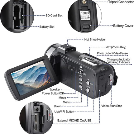 Full HD 8k Professional Video Camera 48MP WiFi Camcorder Digital 16X Zoom Streaming Auto Focus Cam