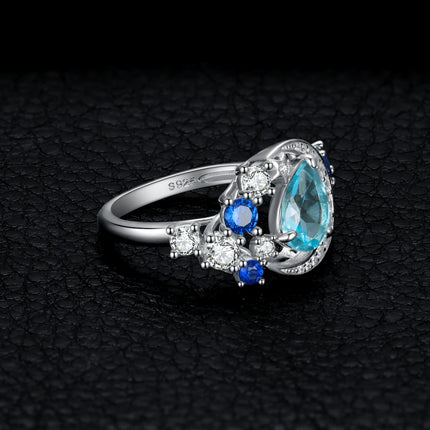 JewelryPalace New Arrival Moon Star 6.8ct Genuine Sky Blue Topaz Created Sapphire 925 Sterling Silver Statement Ring for Woman