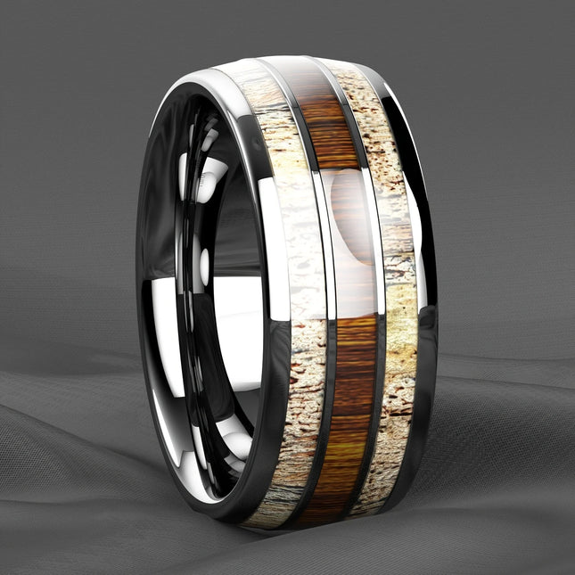 Fashion Silver Color Men's Stainless Steel Rings Koa Wood Deer Antler Inlay Dome Engagement Rings For Men Women Wedding Jewelry