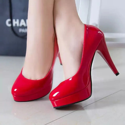 Fashion Mature Women Pumps Classic Patent Leather High Heels Shoes Red Sharp Head Paltform Wedding Women Dress Shoes Plus 34-42