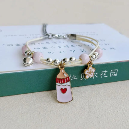 2023 New Simple Cute Cartoon Bunny Bracelet for Women Sweet Pink Series Pendant Hand-Wowen Bracelets Bangles Couple Friends Gift