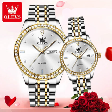 OLEVS New Couple Watch Diamond Luxury Waterproof Quartz Watch for Men and Women Waterproof Original Brand Romantic Lovers Watch