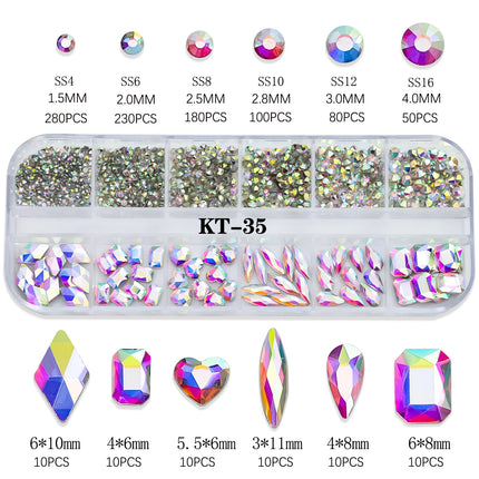 Hot Selling 12 Grids Nail Art Rhinestones Jewelry Set Multi-shapes Colorful Flatback Nail Charms Diamonds 3D Nails Accessories