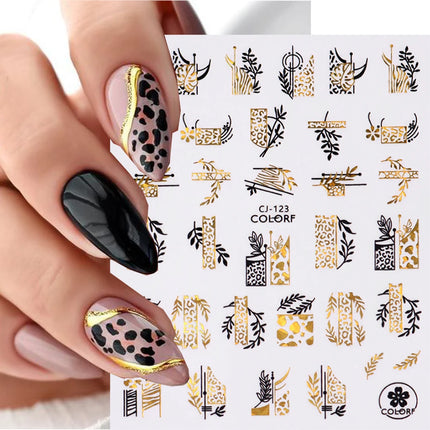 Gold Black Bronzing Leaves  3D Nail Sticker Geometrics Lines Leopard Zebra Pattern Adhesive Transfer Sticker DIY Nail Decoration