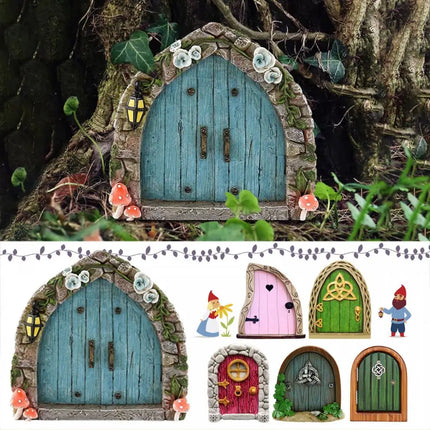 RYRA Fairy Gnome Door Figurines Elf Home Wooden Fairy Garden Window Door Art Tree Sculpture Statues Ornament Outdoor Decoration