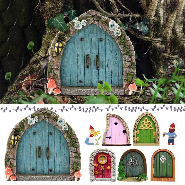 RYRA Fairy Gnome Door Figurines Elf Home Wooden Fairy Garden Window Door Art Tree Sculpture Statues Ornament Outdoor Decoration