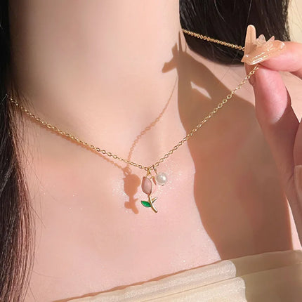 Fashion Women Charm Tulip Flower Pendant Necklace for Women Girl Imitation Pearl Chain Choker Necklace Punk Party Jewelry Gift