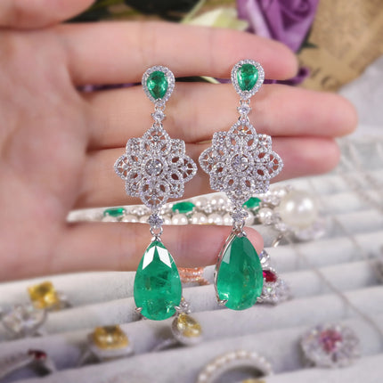 GEM'S BALLET Luxury Vintage Imitated Emerald  Dangle Drop Earrings, Sterling Silver Floral Chandelier Earrings, Dormeuse Earring