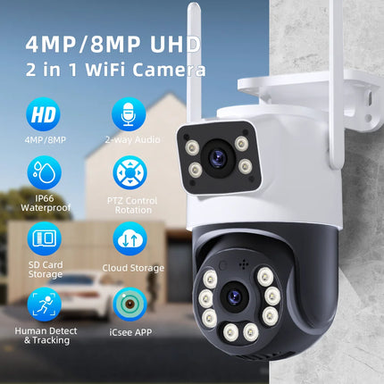 Wifi Surveillance Camera 4K 8MP Dual Lens Wireless Outdoor Security PTZ IP Cameras AI Human Detect CCTV Camera 4X Digital Zoom