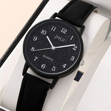 1pc Women Quartz Watch With Qpc Heart Bracelet Fashion Casual Round Pointer Quartz Watch Dainty Black Heart Bracelet Set