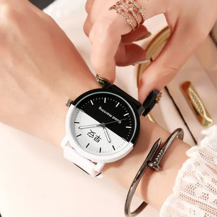 Lovers Watch Intimate Regards Good Morning Good Night Dial Leather Quartz Watch Fashion Trending Black White Case Couple Watches