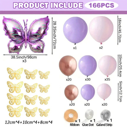 166Pc Butterfly Balloon Set Garland Arch Purple Butterfly Girl Birthday Party Supplies Macar Pink Baby Shower Wedding Decoration