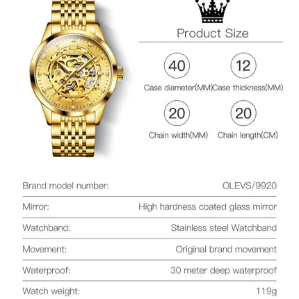 OLEVS Luxury Brand Gold Skeleton Automatic Mechanical Watch Fashion Business Stainless Steel Waterproof Luminescent Men's Watch