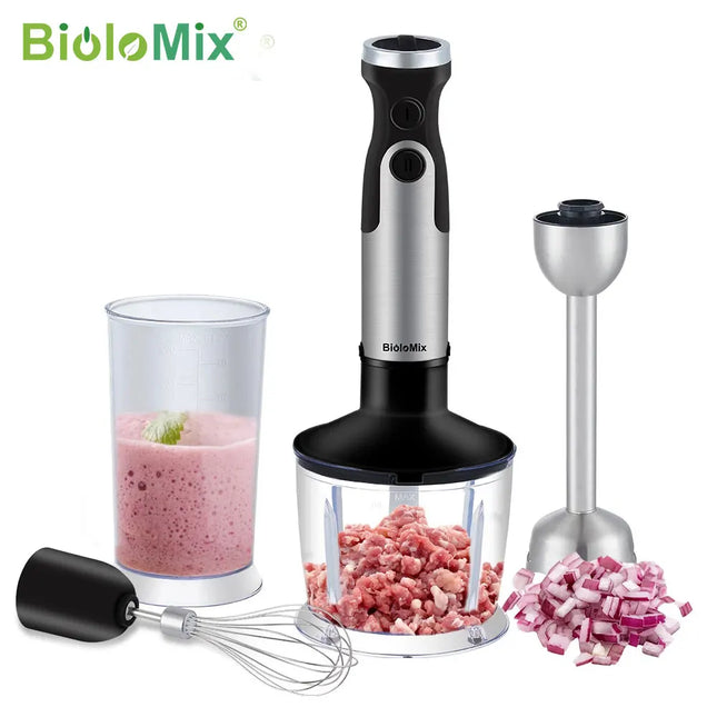 BioloMix 1200W 4-in-1 Immersion Hand Stick Blender Mixer Vegetable Meat Grinder 800ml Chopper Whisk 600ml Smoothie Cup