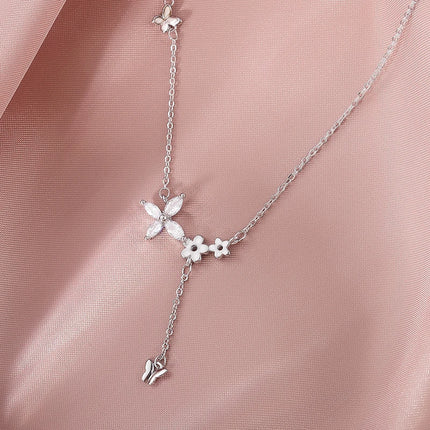 925 Sterling Silver Flower Necklace Female Simple Temperament Shiny Zircon Butterfly Tassel Clavicle Chain Wedding Jewelry Gift