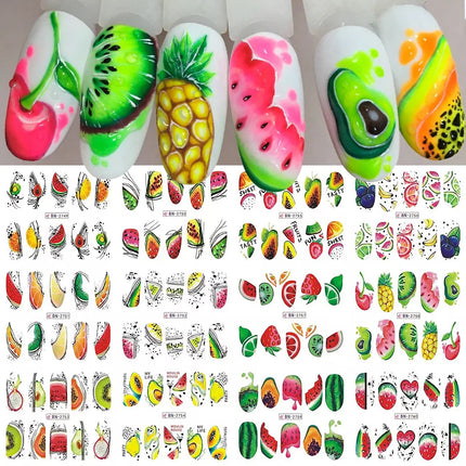 Nail Art Fruit Water Transfer Sticker Summer Watermelon Avocado Slider for Nail Lemon Abstract Line Design Manicure Decal Decor