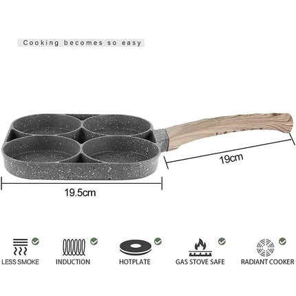 UPORS 4 Hole Frying Pan Non Stick Breakfast Burger Egg Pancake Maker Wooden Handle Medical Stone Four Hole Omelet Pan