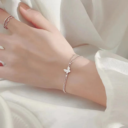 2023 Sweet Shining Zircon Butterfly Bracelet for Women Anti-Allergic Silver Color Chain Bling Bracelet with Stamp Gift