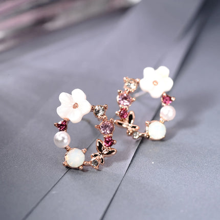 Colorful Enamel Crystal Rhinestone Stud Earrings - Trendy Korean Flower Wreath Jewelry