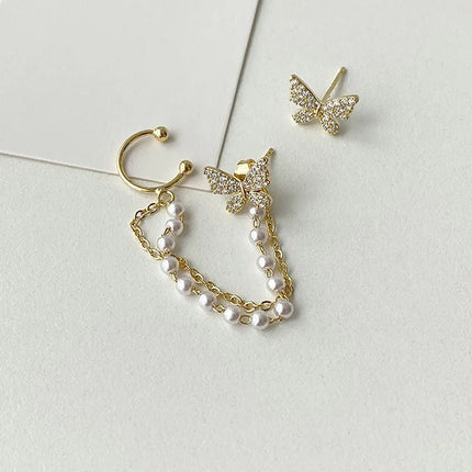 Korean Fashionable Rhinestone Butterfly Drop Earrings - Trendy Metal Chain Jewelry for Women and Girls