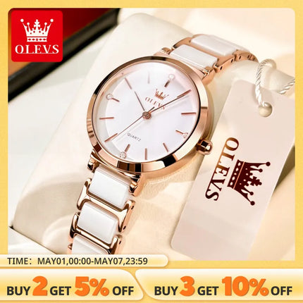 OLEVS Fashion Women Watches Relogio Feminino Luxury Rose Gold Watch Ladies Quartz Wrist Watch Ceramic Strap Clock Reloj Mujer