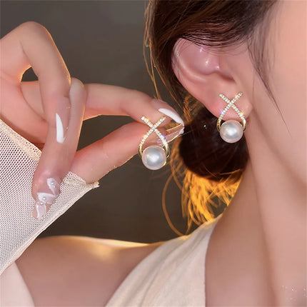 Korean Shiny Crystal Rhinestone Pearl Earrings for Women Girl Geometry Handcrafted Micro Paved Flower Heart Stud Earring Jewelry