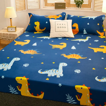 Bonenjoy 1Pc Waterproof Fitted Sheet With Elastic Cartoon Style Cute Dinosaur Print Bed Sheet for Kid Queen King Size couvre lit