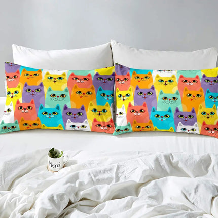 Cartoon Cat Bed Sheet Set,Watercolor Animals Butterfly Cat Fitted Sheet and Pillowcase for Kids Boys Girls Teens Queen Size 3Pcs