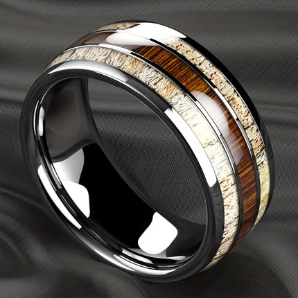 Fashion Silver Color Men's Stainless Steel Rings Koa Wood Deer Antler Inlay Dome Engagement Rings For Men Women Wedding Jewelry