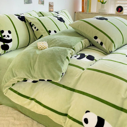 Cute Cartoon Panda 3pcs Duvet Cover Set Sage Green Thickened Milk Velvet Comforter Covers Boys Girls Bedding with Pillowcase