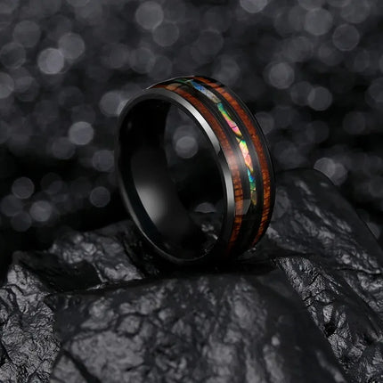 Fashion Silver Color Men's Stainless Steel Rings Koa Wood Deer Antler Inlay Dome Engagement Rings For Men Women Wedding Jewelry