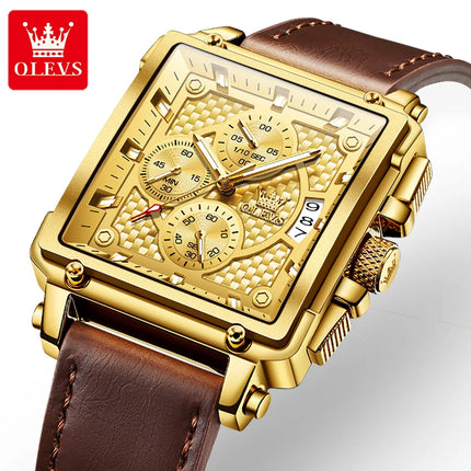 OLEVS Quartz Watch for Men Golden Square Large Dial Waterproof Leather Strap Wrist Watch Date Display Men's Quartz Watch 9925