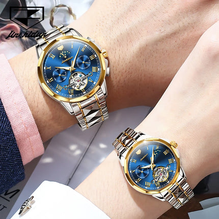 JSDUN Couple Watch Automatic Mechanical Tourbillon Design Tungsten steel Waterproof Moon Phase Date Week Lovers Wristwatch Set