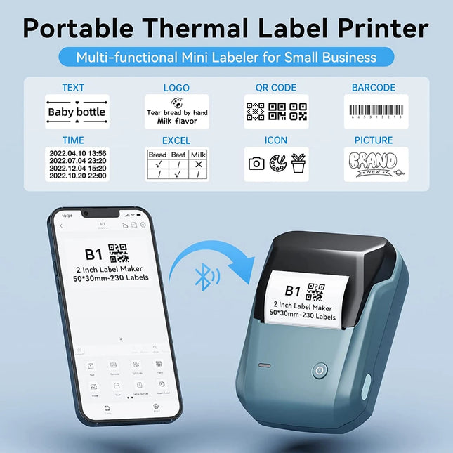 NIIMBOT B1 Label Maker Portable Handheld Thermal Printer Mini Barcode QR Code Sticker 20-50mm Paper Rolls Maker Cable Tag